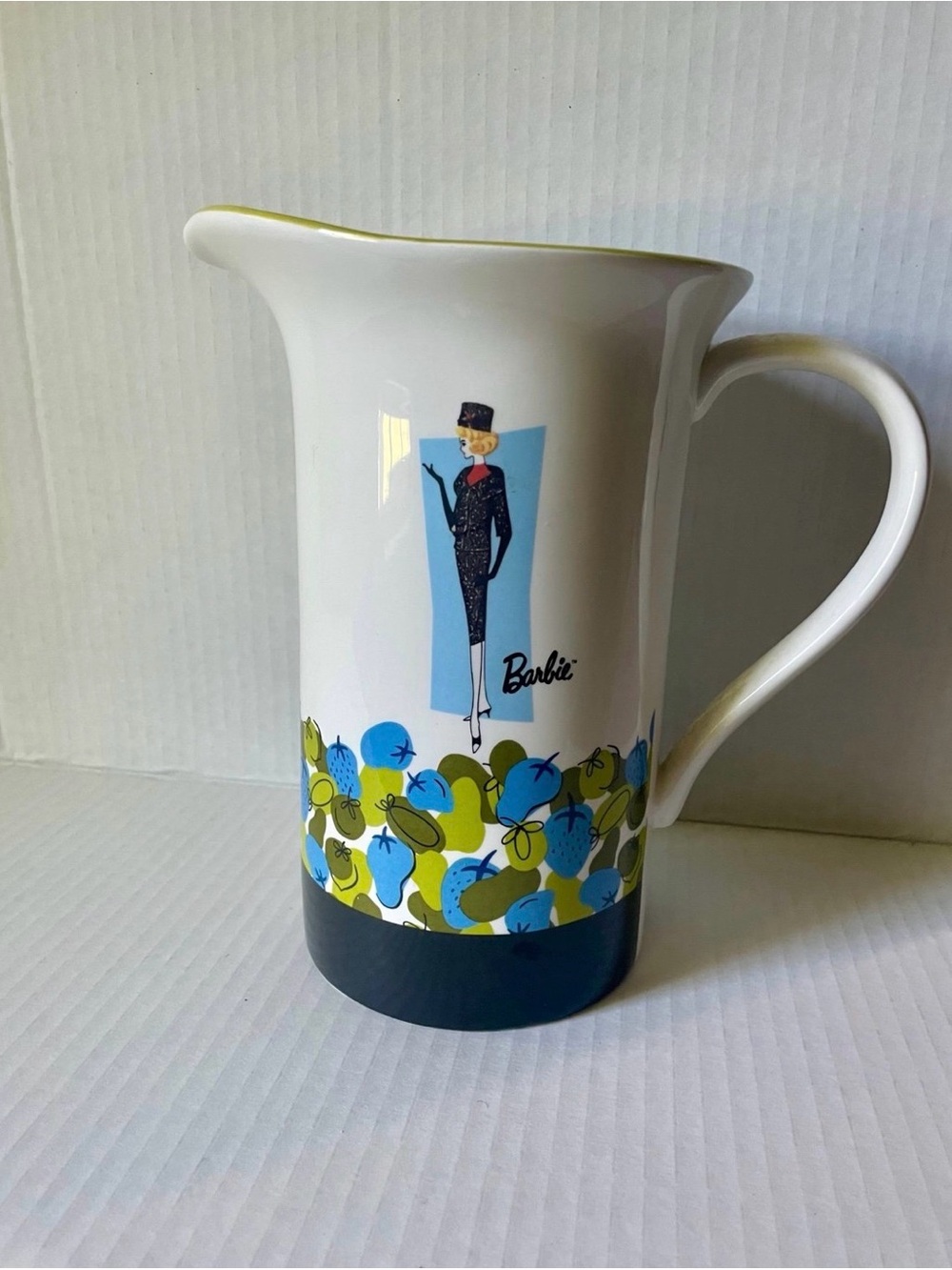 Barbie White Ceramic Pitcher with Blue and Green Fruit Border and Gold Trim
